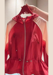 New Red Hooded Zippered Drawstring Patchwork Cotton Coats Summer