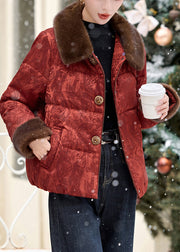 New Red Jacquard Fur Collar Fine Cotton Filled Puffer Jacket Winter