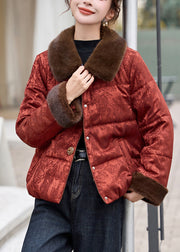 New Red Jacquard Fur Collar Fine Cotton Filled Puffer Jacket Winter