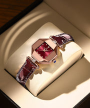 New Red Leather Waterproof Quartz Movement Mineral Tempere Glass Watches