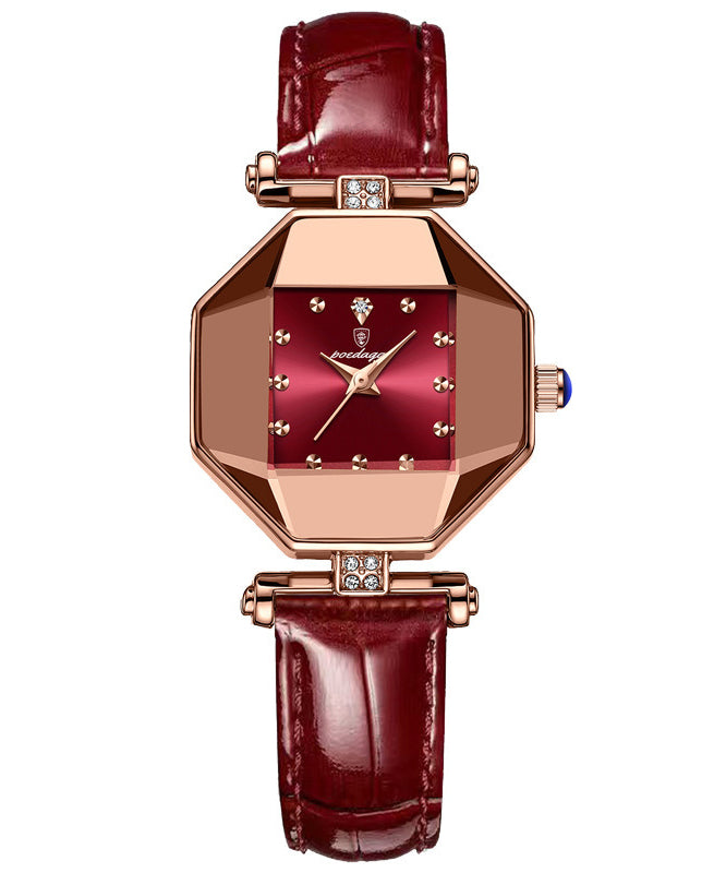 New Red Leather Waterproof Quartz Movement Mineral Tempere Glass Watches