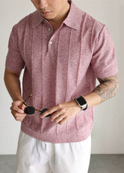 New Red Peter Pan Collar Button Knit Men T Shirts Summer