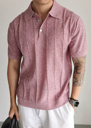 New Red Peter Pan Collar Button Knit Men T Shirts Summer