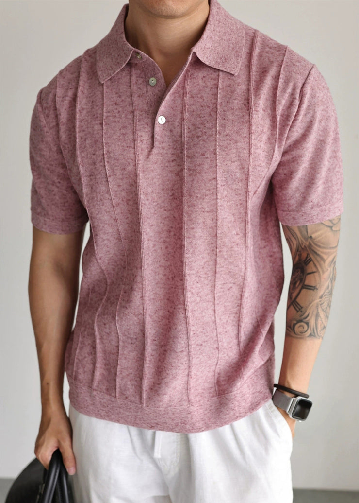 New Red Peter Pan Collar Button Knit Men T Shirts Summer