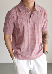 New Red Peter Pan Collar Button Knit Men T Shirts Summer