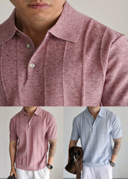 New Red Peter Pan Collar Button Knit Men T Shirts Summer