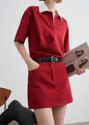New Red Peter Pan Collar T Shirt And Skirts Cotton Two Pieces Set Summer