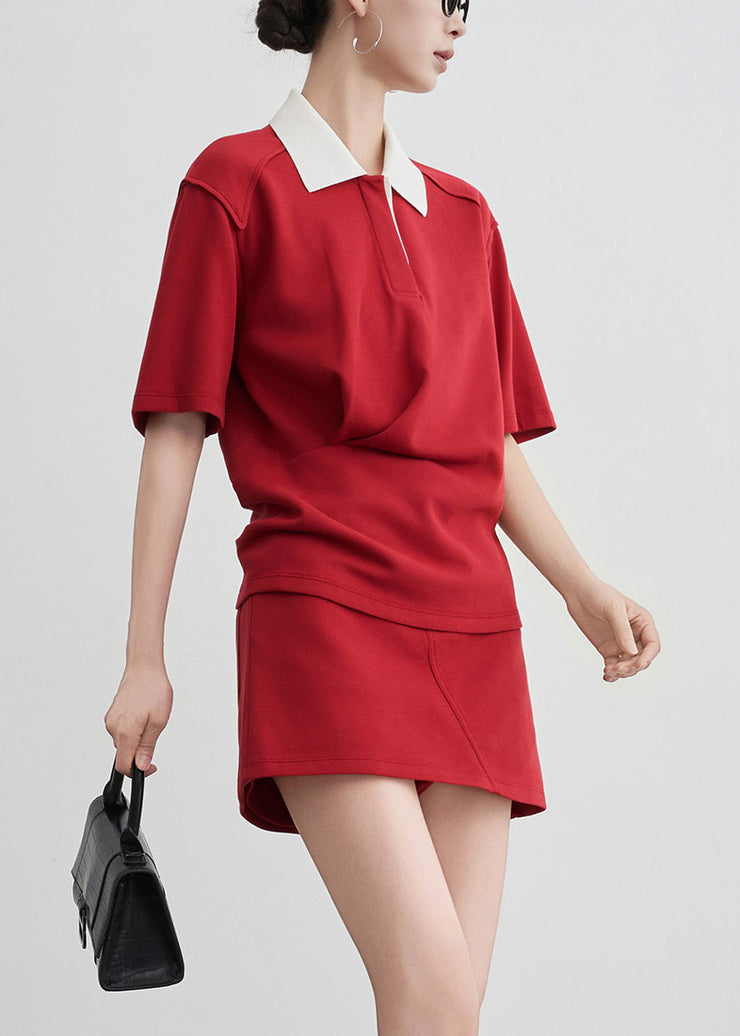 New Red Peter Pan Collar T Shirt And Skirts Cotton Two Pieces Set Summer