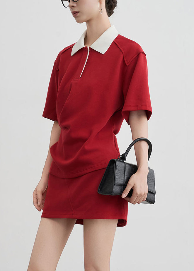 New Red Peter Pan Collar T Shirt And Skirts Cotton Two Pieces Set Summer