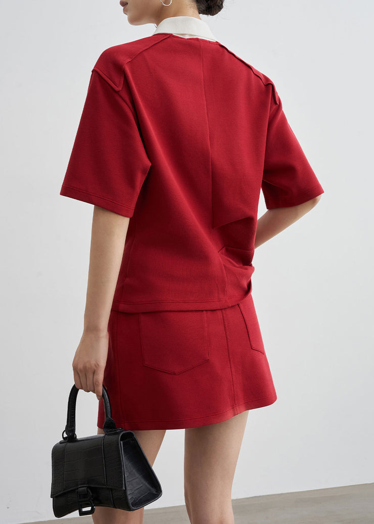 New Red Peter Pan Collar T Shirt And Skirts Cotton Two Pieces Set Summer