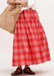 New Red Plaid Lace Up Elastic Waist Cotton Skirts Summer