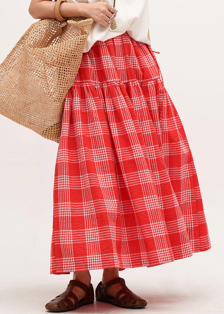 New Red Plaid Lace Up Elastic Waist Cotton Skirts Summer