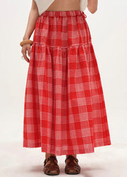 New Red Plaid Lace Up Elastic Waist Cotton Skirts Summer