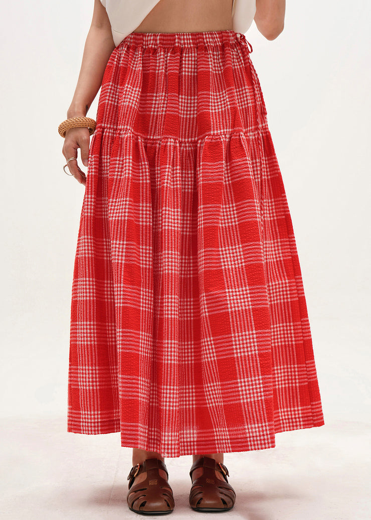 New Red Plaid Lace Up Elastic Waist Cotton Skirts Summer