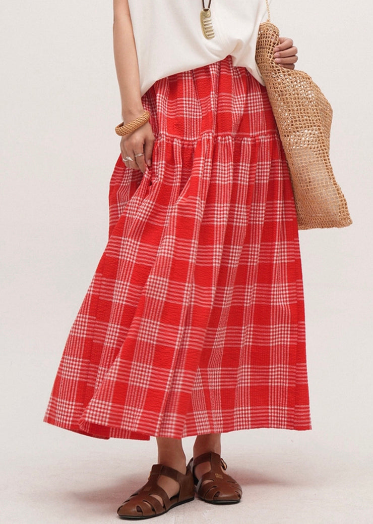 New Red Plaid Lace Up Elastic Waist Cotton Skirts Summer