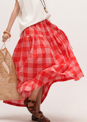 New Red Plaid Lace Up Elastic Waist Cotton Skirts Summer