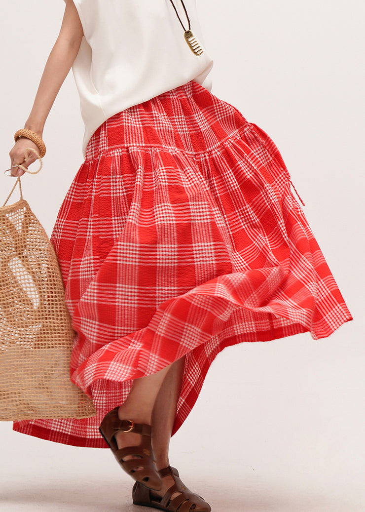 New Red Plaid Lace Up Elastic Waist Cotton Skirts Summer
