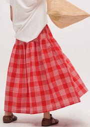 New Red Plaid Lace Up Elastic Waist Cotton Skirts Summer