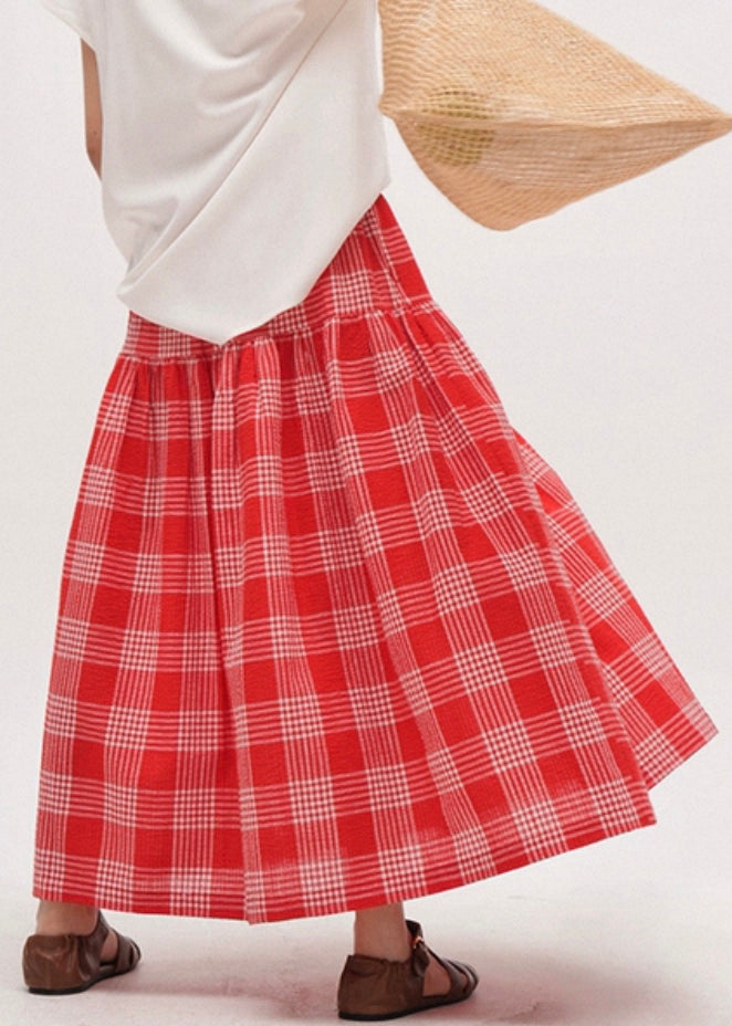 New Red Plaid Lace Up Elastic Waist Cotton Skirts Summer