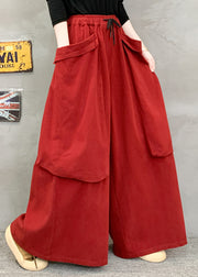 New Red Pockets Elastic Waist Cotton Wide Leg Pants Fall