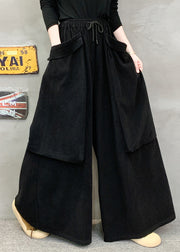 New Red Pockets Elastic Waist Cotton Wide Leg Pants Fall