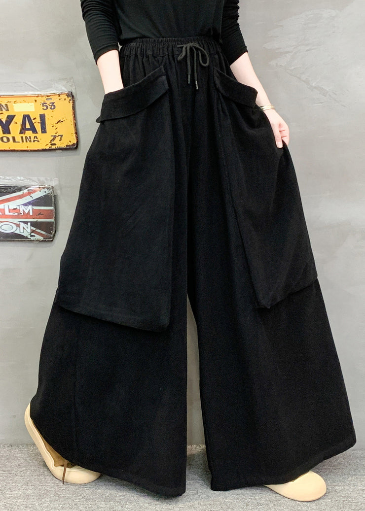 New Red Pockets Elastic Waist Cotton Wide Leg Pants Fall