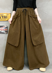 New Red Pockets Elastic Waist Cotton Wide Leg Pants Fall