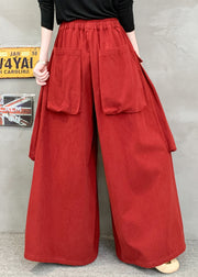 New Red Pockets Elastic Waist Cotton Wide Leg Pants Fall