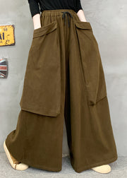 New Red Pockets Elastic Waist Cotton Wide Leg Pants Fall