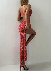 New Red Print Side Open Cotton Spaghetti Strap Dress Sleeveless
