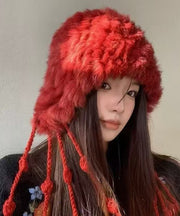 New Red Rabbit Fur Knitted Warm Ear Protection Tassel Hat