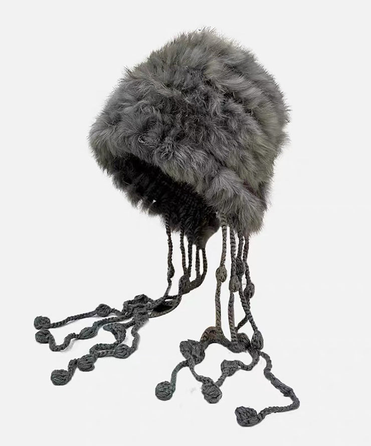 New Red Rabbit Fur Knitted Warm Ear Protection Tassel Hat