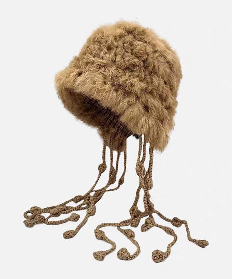 New Red Rabbit Fur Knitted Warm Ear Protection Tassel Hat