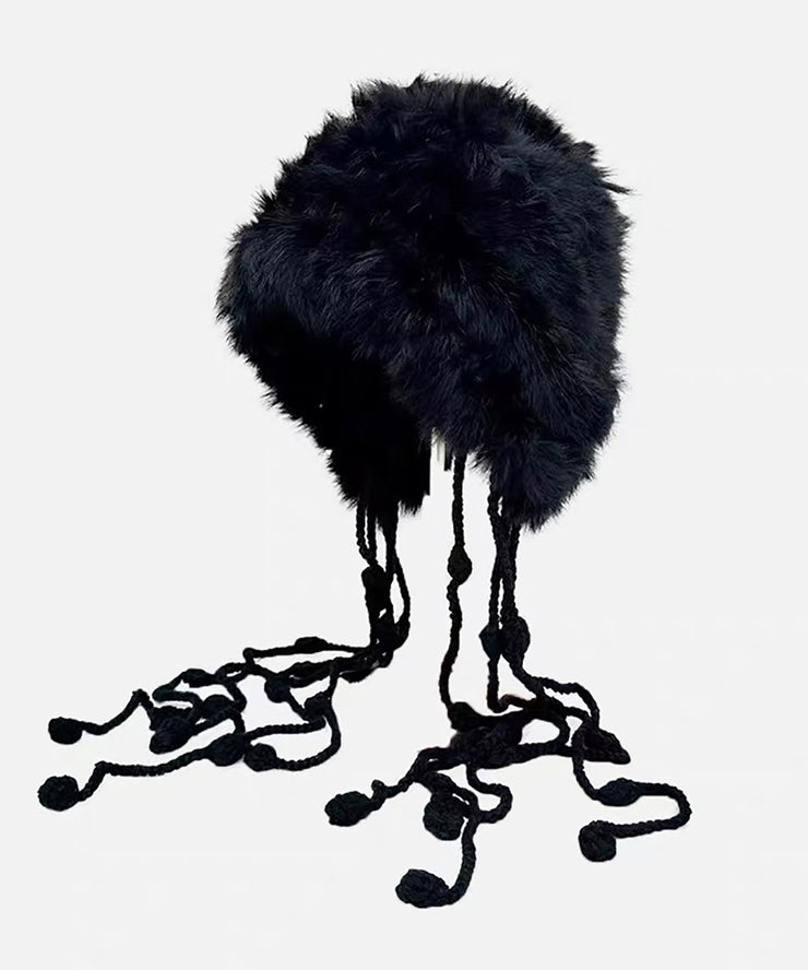 New Red Rabbit Fur Knitted Warm Ear Protection Tassel Hat