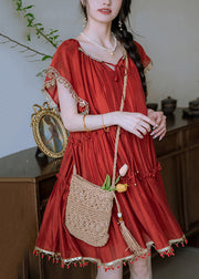 New Red Ruffled Tasseled Lace Up Cotton Mid Dress Summer