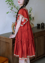 New Red Ruffled Tasseled Lace Up Cotton Mid Dress Summer