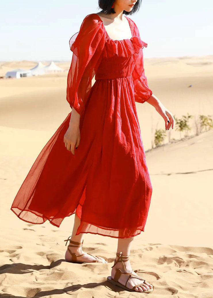New Red Square Collar Side Open Cotton Beach Dress Puff Sleeve
