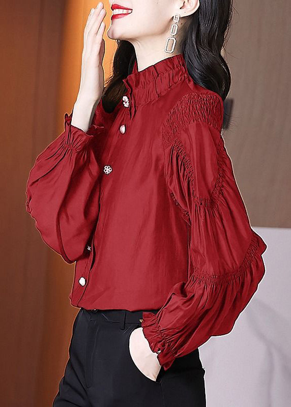 New Red Stand Collar Wrinkled Button Cotton Blouse Fall