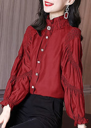 New Red Stand Collar Wrinkled Button Cotton Blouse Fall