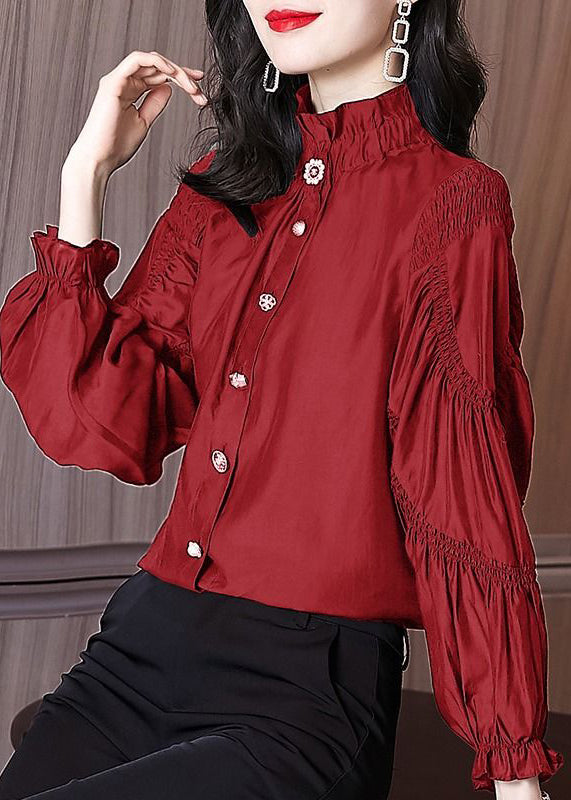 New Red Stand Collar Wrinkled Button Cotton Blouse Fall