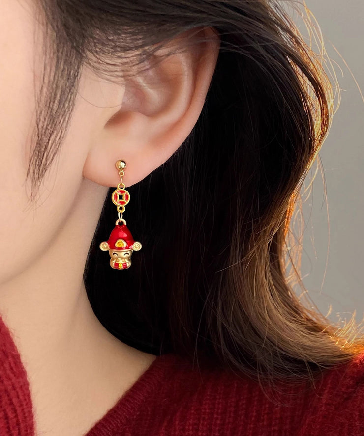 New Red Sterling Silver Overgild God Of WealthDrop Earrings