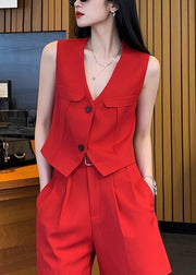 New Red V Neck Button Waistcoat And Shorts Spandex Two Pieces Set Sleeveless