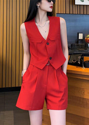 New Red V Neck Button Waistcoat And Shorts Spandex Two Pieces Set Sleeveless