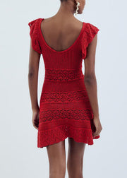 New Red V Neck Hollow Out Knit Mini Dresses Sleeveless