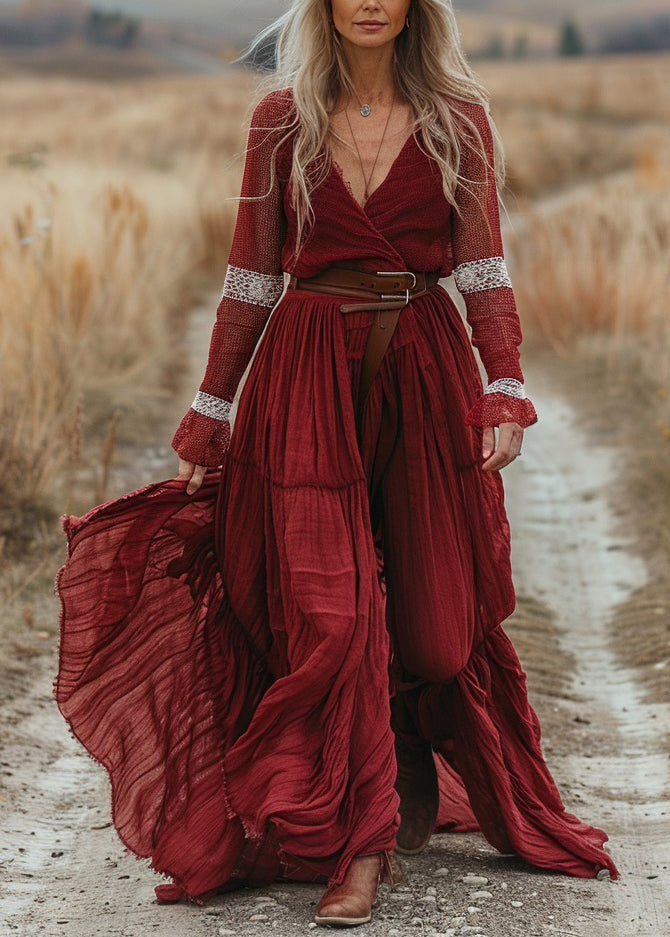 New Red V Neck Lace Patchwork Cotton Long Dresses Spring