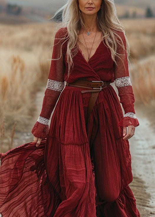 New Red V Neck Lace Patchwork Cotton Long Dresses Spring