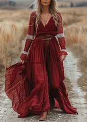 New Red V Neck Lace Patchwork Cotton Long Dresses Spring