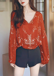 New Red V Neck Print Ice Silk T Shirt Fall