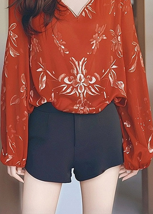 New Red V Neck Print Ice Silk T Shirt Fall