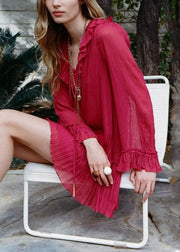 New Red V Neck Wrinkled Lace Up Cotton Mini Dresses Fall